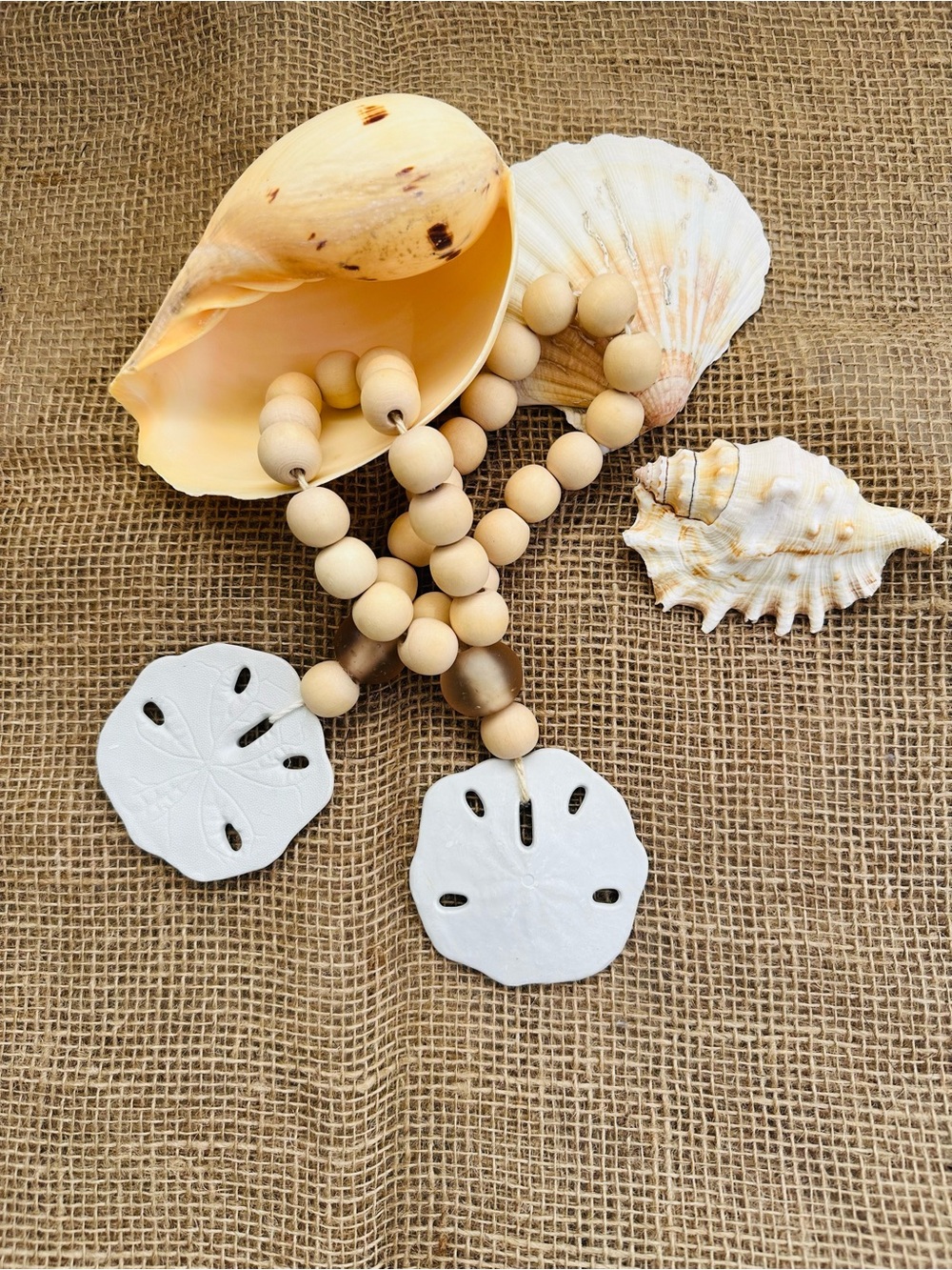 Wood Bead Garland with White Sand Dollar Charms